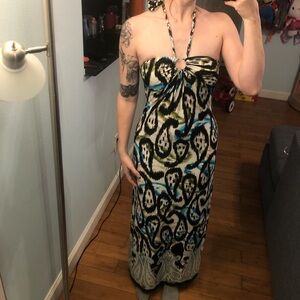Green and blue paisley maxi dress with halter neck
